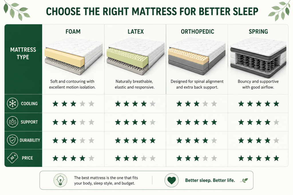 Foam vs latex vs orthopedic vs spring mattress comparison chart